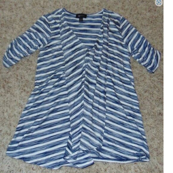 Womens Top AB Studio Blue White Striped Medium Short Sleeve V-Neck Layered Front - Picture 1 of 4